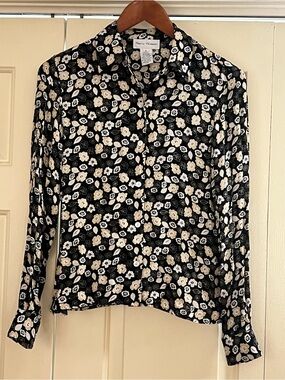 Rena Rowan Black Floral Button-Down Blouse with Cream Accents 100% Silk